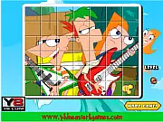 Phineas and Ferb Puzzle game screenshot showing rotated image tiles of the cartoon characters Phineas and Ferb
