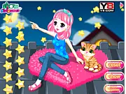 Watching The Stars puzzle game art showing a little girl and a cat sitting on a roof looking at a night sky with constellations