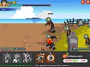 One Piece Vs Zombies free online game screenshot showing Luffy fighting hordes of zombies in a strategic tower defense setup.