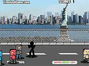 The main screen of New York Fighter, showing four martial arts brothers ready to fight street robbers in a classic arcade style.