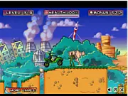 Ben 10 driving the powerful armored attack truck over a ramp while shooting lasers at an alien enemy in the online game Ben 10 Armored Attack 2