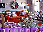 A screenshot of the Purple Room Hidden Objects Challenge game, showing a room cluttered with various items against a dominant purple color scheme.