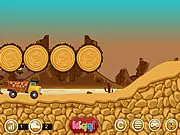 Gameplay screenshot of Express Truck showing a tractor driving across a very bumpy, uneven green and brown landscape with cargo in the trailer