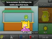 Lemonade Frenzy free online game screen showing a lemonade stand, customers waiting in line, and a menu for buying resources and setting prices.