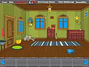 A screenshot of the Perky Room Escape game, showing a brightly colored, yet strangely empty room with a locked door, various pieces of furniture, and hidden puzzle elements.