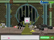 Free online Caveman Stickman platformer game, showing a stick figure caveman jumping over a hazard in a prehistoric setting.