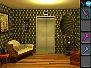 Screenshot from Floors Escape 2 showing a detailed room with a cryptic puzzle element, an inventory bar, and an elevator door.