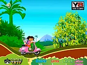 Dora the Explorer and Boots riding a red Vespa scooter over jungle obstacles and collecting bananas