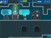 Screenshot from Transmorpher 2 game showing the small, colorful alien creature next to a larger, blue alien, separated by a gap with a switch that needs activating