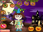 Screenshot of Dora's Halloween Costume Online game, showing Dora wearing a witch hat and selecting a beautiful Halloween skirt and mask.