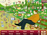 Screenshot of Four Seasons Hidden Objects Online game, showing a close-up on an ancient picture with a hidden bar of gold and other small objects.