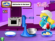 Screenshot of Smurfette's Birthday Cake Online game, showing a colorful, decorated birthday cake with Smurfette watching the player.