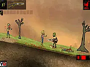 Mass Mayhem Zombie Apocalypse free online game screenshot showing an explosion and a character fighting a horde of zombies near a bunker