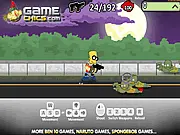Screenshot of The Simpsons Town Defense Online game, showing Bart Simpson shooting a gun at a group of cartoon zombies on a Springfield street.