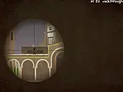 Screenshot of Smart Sniper online game, showing a stickman character with a sniper rifle aiming at a complex puzzle stage with various interactive objects.