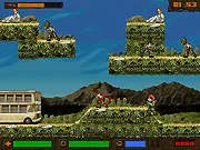 Zombie Rescue Squad vehicle driving through a post-apocalyptic city street, fighting off hordes of infected people