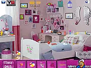 Girl Bedroom Objects free online hidden object game screenshot showing a cluttered and colorful bedroom scene.