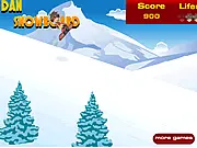 Dan Kuso playing Bakugan Snowboarding online game, dodging obstacles on a snowy mountain.