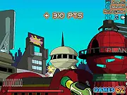 Free online Funturama action shooter game, futuristic warrior holding a weapon in a chaotic, war-torn city landscape