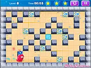 A small, cute blue octopus resting on dry land next to a challenge that requires solving a physics puzzle to guide him to water in The Lost Octopus game