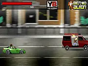 Ben 10 Mafia Hunter free online shooting game screen showing Ben 10 driving a car and shooting at enemy mafia vans