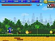 The main screen of Super Sonic Runner game showing the blue hedgehog-like character running at high speed toward a set of dangerous spikes and enemies.