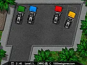 The main screenshot of Heavy Driver, showing a large red semi-truck navigating a busy intersection in a 3D city environment with a marked parking spot visible ahead.