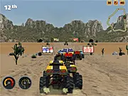 A massive, upgraded monster truck kicking up dust as it speeds across a bumpy, off-road track in the free online racing game Monster Truck Fever.
