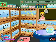 Dream Aquarium Shop time management game interface showing customers, fish, food, and tools