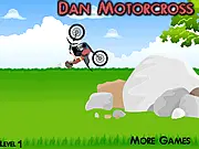 Screenshot of Bakugan Motocross online game featuring Dan Bakugan riding a dirt bike on a rocky, uneven track with obstacles