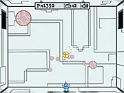 Screenshot of Nedo game showing a central player object shooting projectiles at many fast-moving colorful balls in a minimalist arcade environment