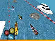 Gameplay screenshot of Ocean Drift Racing showing a speedboat drifting around a corner buoy on the water.