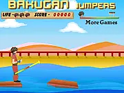 Screenshot of Bakugan Jumpers online game featuring Dan Bakugan standing on a platform, preparing to jump across a gap over water to the next landing spot