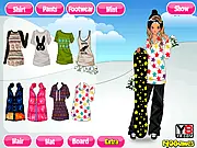 The main screen of Dress Up Snowboard Girl game showing a fashionable character dressed in winter clothes for skiing