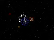 Screenshot of Fireworks Game showing a dark night sky filled with multiple large, colorful pyrotechnic explosions of different shapes and colors