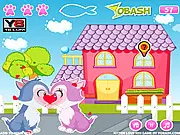 Game screen showing two cute cartoon kittens enjoying a secret kiss while other animals walk by in the background