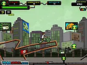Ben10 Extreme Stunts game image showing the character Ben Tennyson riding a green and black dirt bike mid-air over a series of explosive obstacles. Play Ben10 Extreme Stunts online.