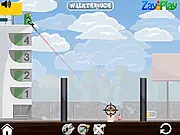 Screenshot from Fishing Humans game showing a complex physics puzzle layout with a creature attempting to capture the brain of a stick figure-like human. Play Fishing Humans free online.
