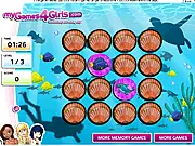 Sea Life Memory Game showing pairs of matching marine animals like dolphins and fish, free online puzzle game