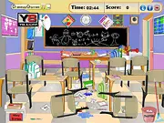 Messy Classroom Cleanup game, free online organizing game, play classroom tidying simulator, hidden object game on PlayArcadeHub