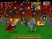 Screenshot of Power Ranger Halloween Blood free online game showing a Power Ranger character fighting animated skeletons in a dark graveyard.