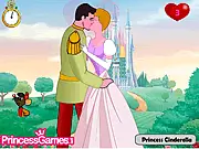 Princess Cinderella and Prince Charming about to kiss on a game screen while an observer is looking away