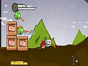 Angry Weirds game screen showing angry birds and pigs armed with weapons engaged in a war, free online action game