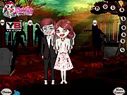 Game screen showing a zombie bride and groom being dressed in gothic, tattered wedding clothes for their undead ceremony