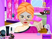 Game screen showing a rockstar receiving a green purifying facial mask with various spa tools around them
