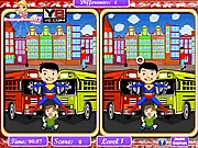 Game screen showing two side-by-side cartoon images of a superhero using a super power, with subtle differences circled in red