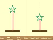 Screenshot of Physics Symmetry II free online game showing various geometric shapes stacked on a seesaw to achieve perfect symmetrical balance.