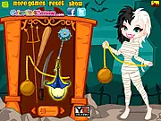 Screenshot from Perfect Halloween Costumes game showing a female character dressed in a mixed costume of a Spider-Woman top and a pirate skirt with spooky accessories