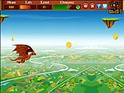 Screenshot of Dragon Ride adventure game showing a dragon flying through the sky and collecting gold coins