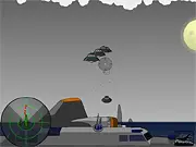 B17 UFOs Crusher free online shooter game screenshot showing a B17 bomber plane fighting multiple flying saucers and UFOs